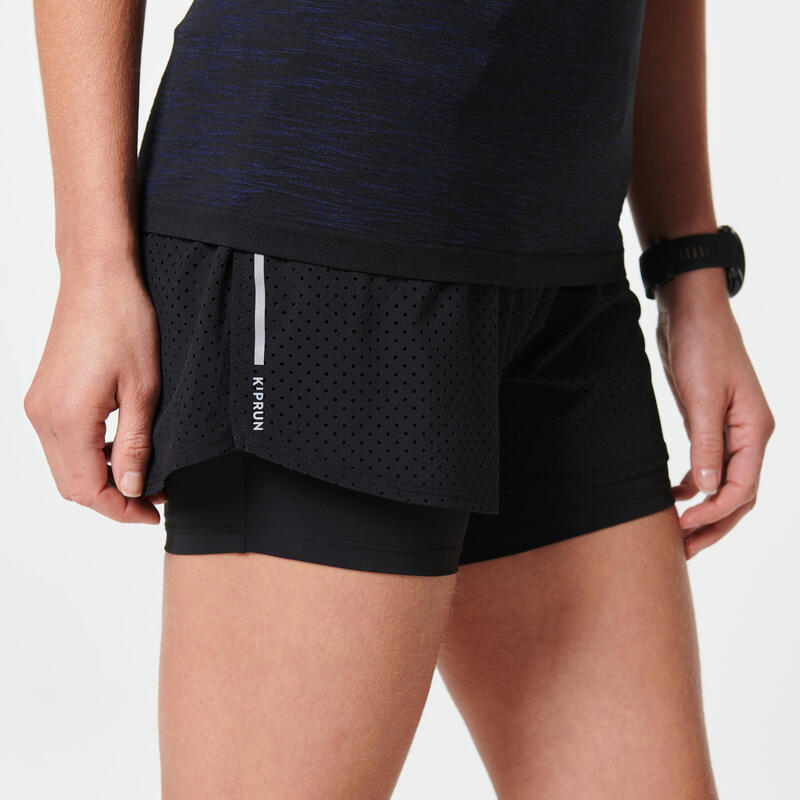 Short 2 en 1 running transpirable mujer - KIPRUN Run 500 Confort negro 