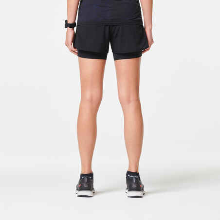 Short 2 en 1 running transpirable mujer - KIPRUN Run 500 Confort negro 