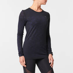 Kaos Lari Wanita Lengan Panjang Breathable Kiprun Care Hitam/Biru