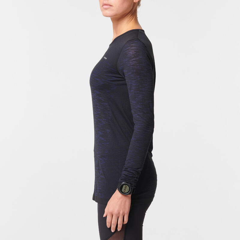 Camiseta Running Kiprun Care Mujer Negro Azul Manga Larga Transpirable