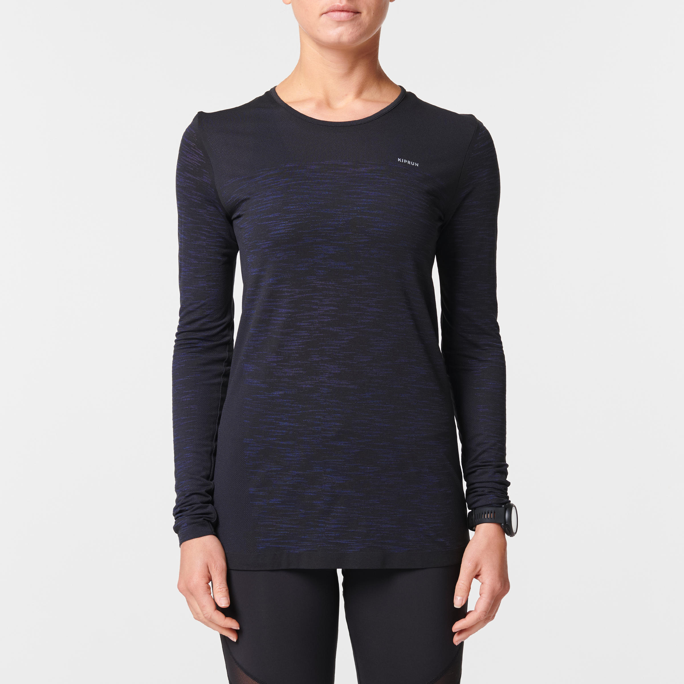 Polera Manga Larga Transpirable Running Kiprun Care Mujer Negro/Azul -  Decathlon