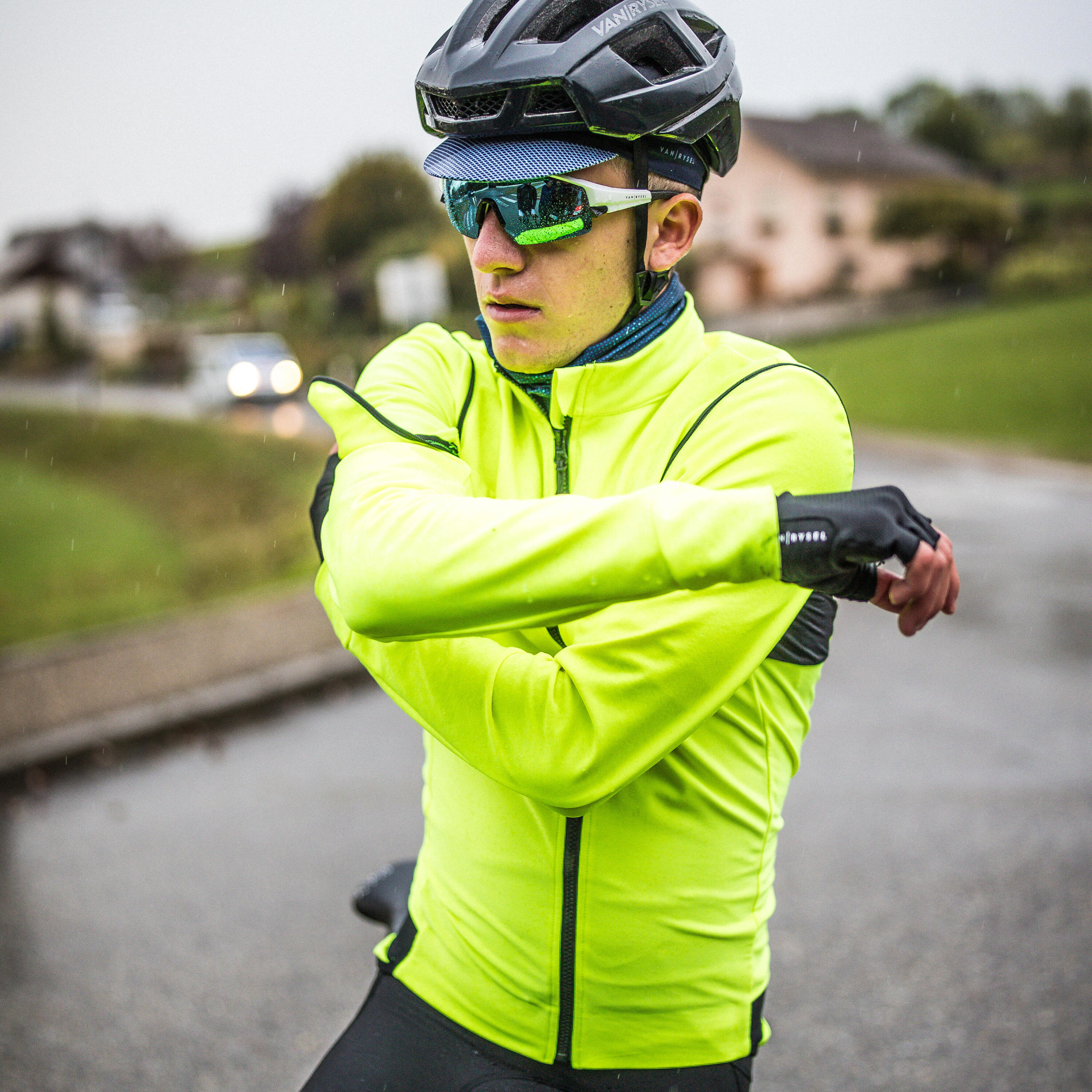 Men's Long-Sleeved Road Cycling Showerproof Convertible Jacket Racer - Yellow 5/11