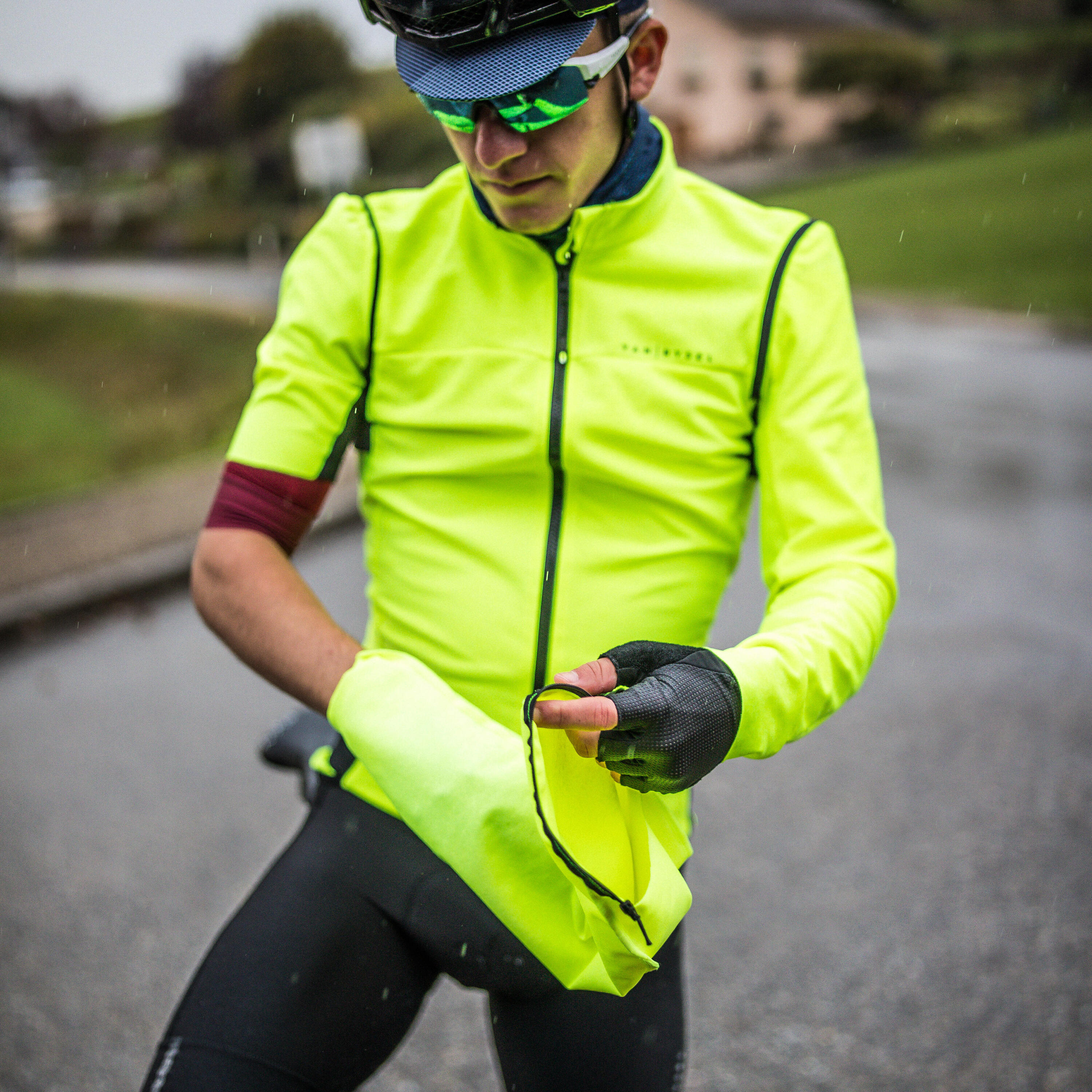 Men's Long-Sleeved Road Cycling Showerproof Convertible Jacket Racer - Yellow 7/11