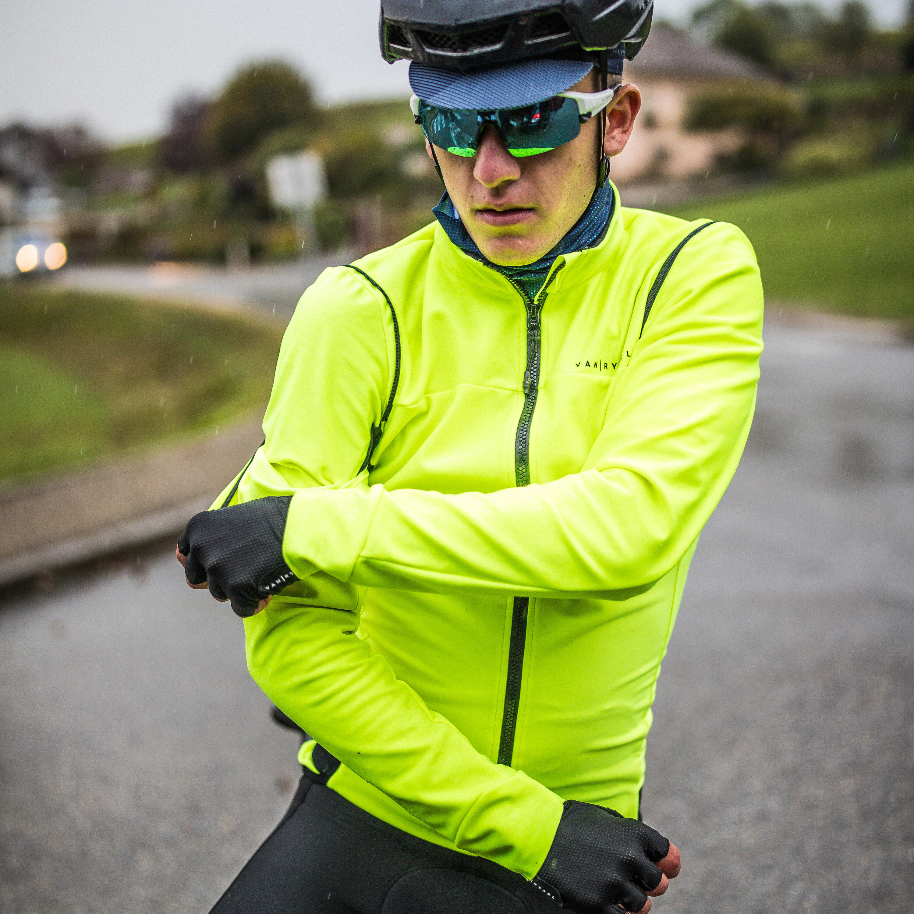 Men's Long-Sleeved Road Cycling Showerproof Convertible Jacket Racer - Yellow 6/11