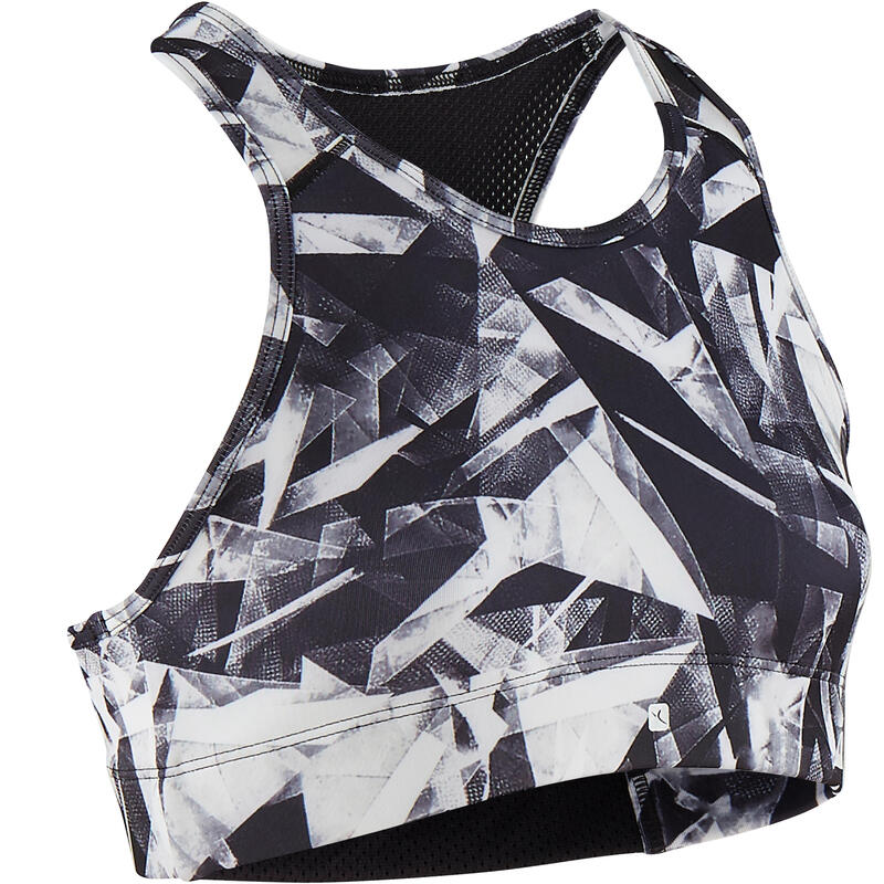 Brassière de sport respirante fille, Imprimé noir et turquoise