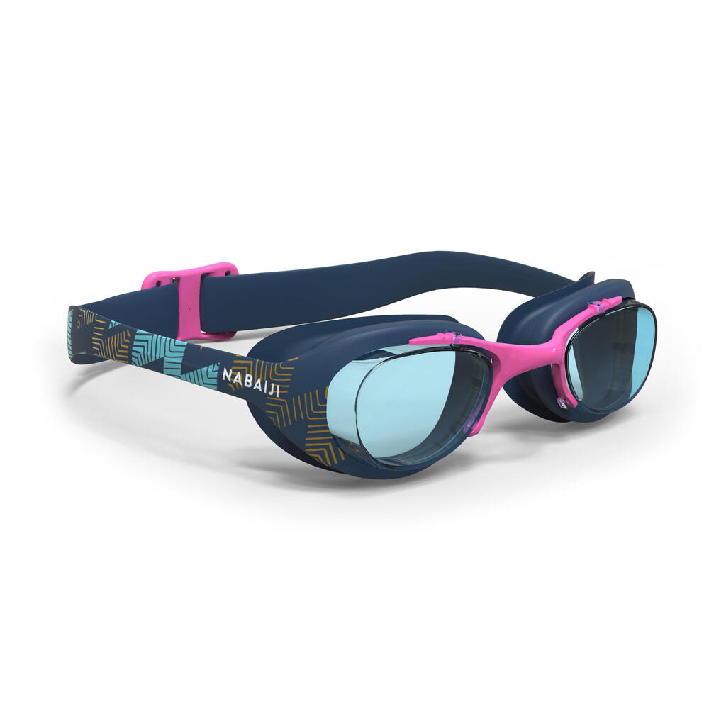 XBASE 100 PRINT ADULT SWIMMING GOGGLES - CLEAR LENSES - NAVY BLUE PINK GOLD