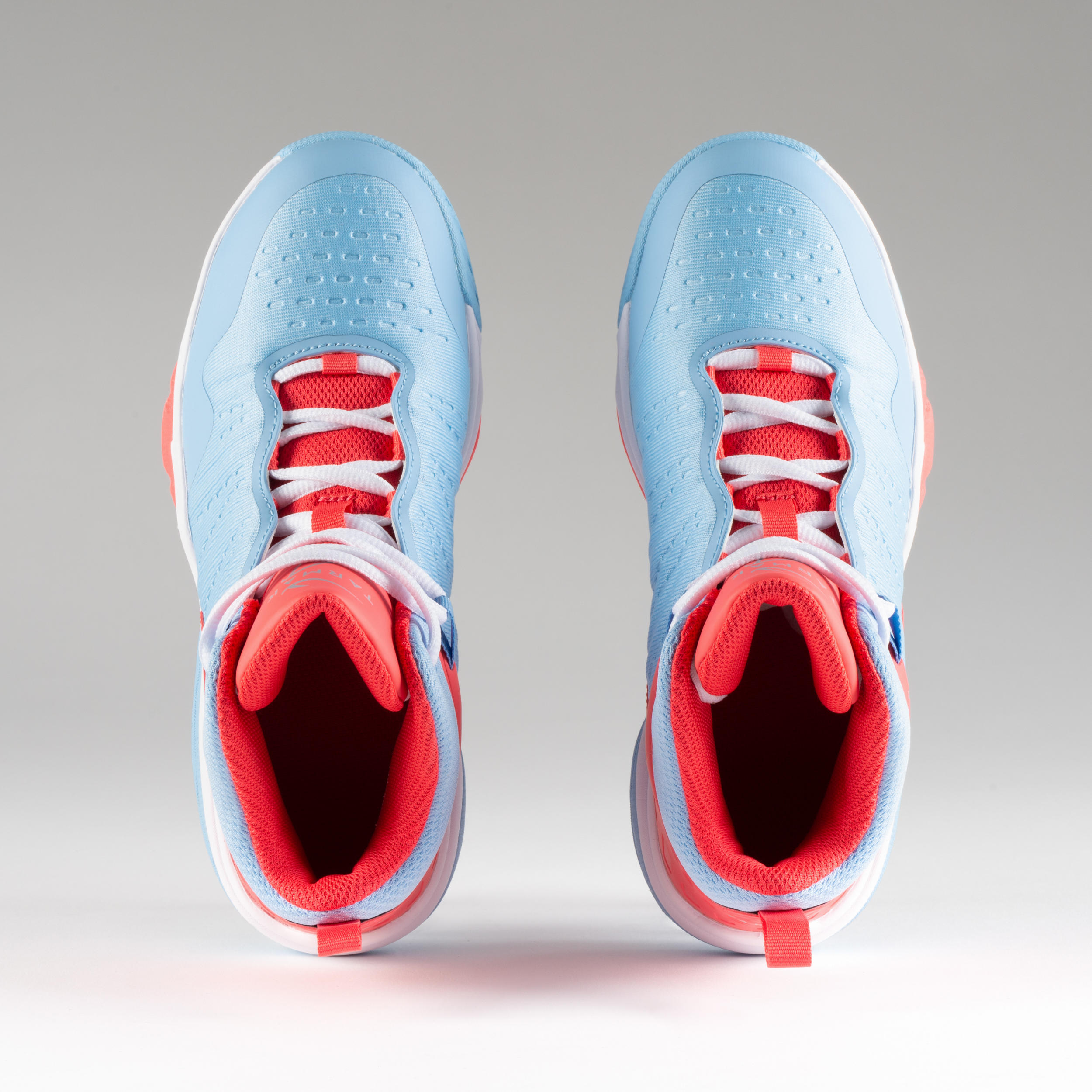 pink and blue basketball shoes