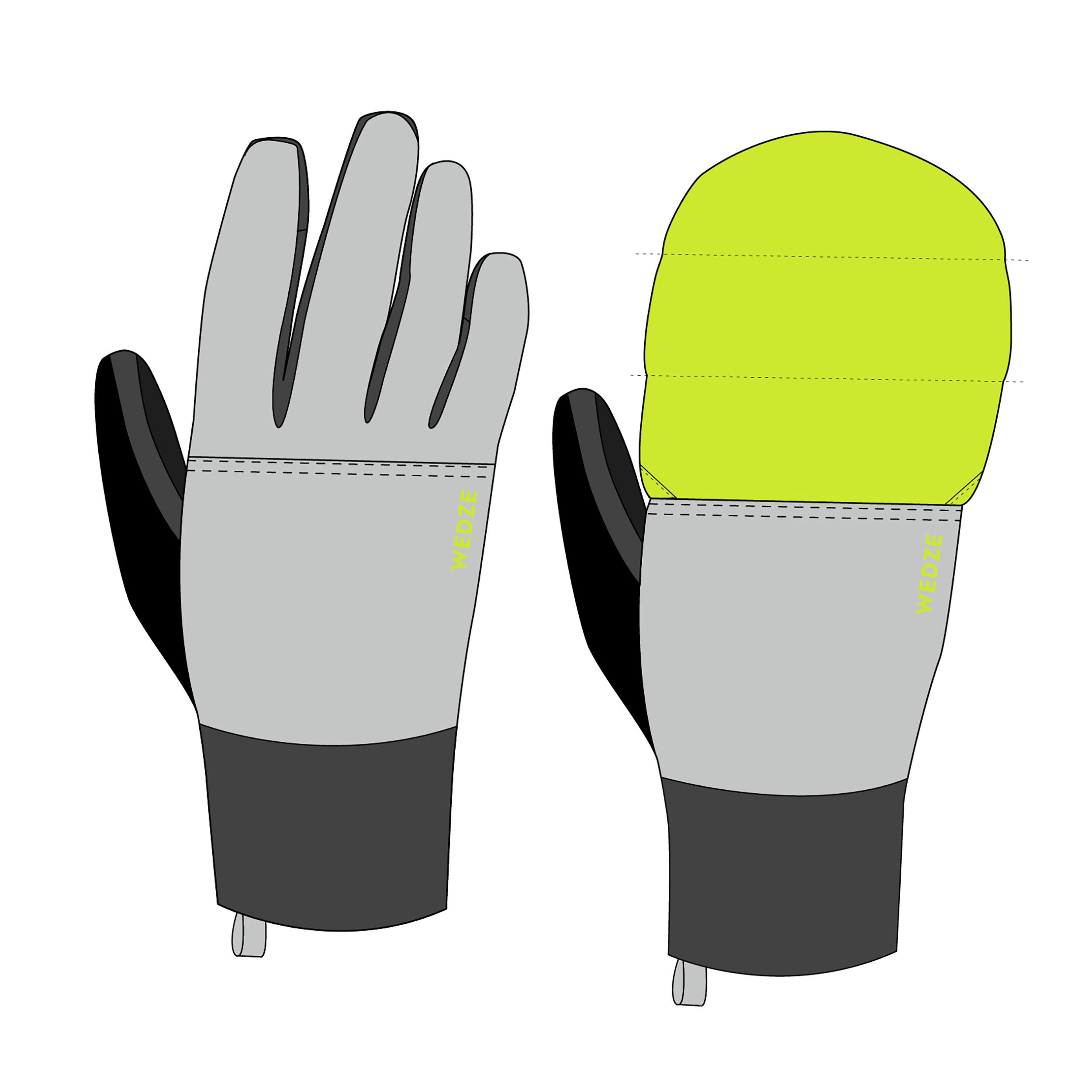 SKI TOURING 2-IN-1 WATERPROOF GLOVES/MITTENS - GREY YELLOW 8/8