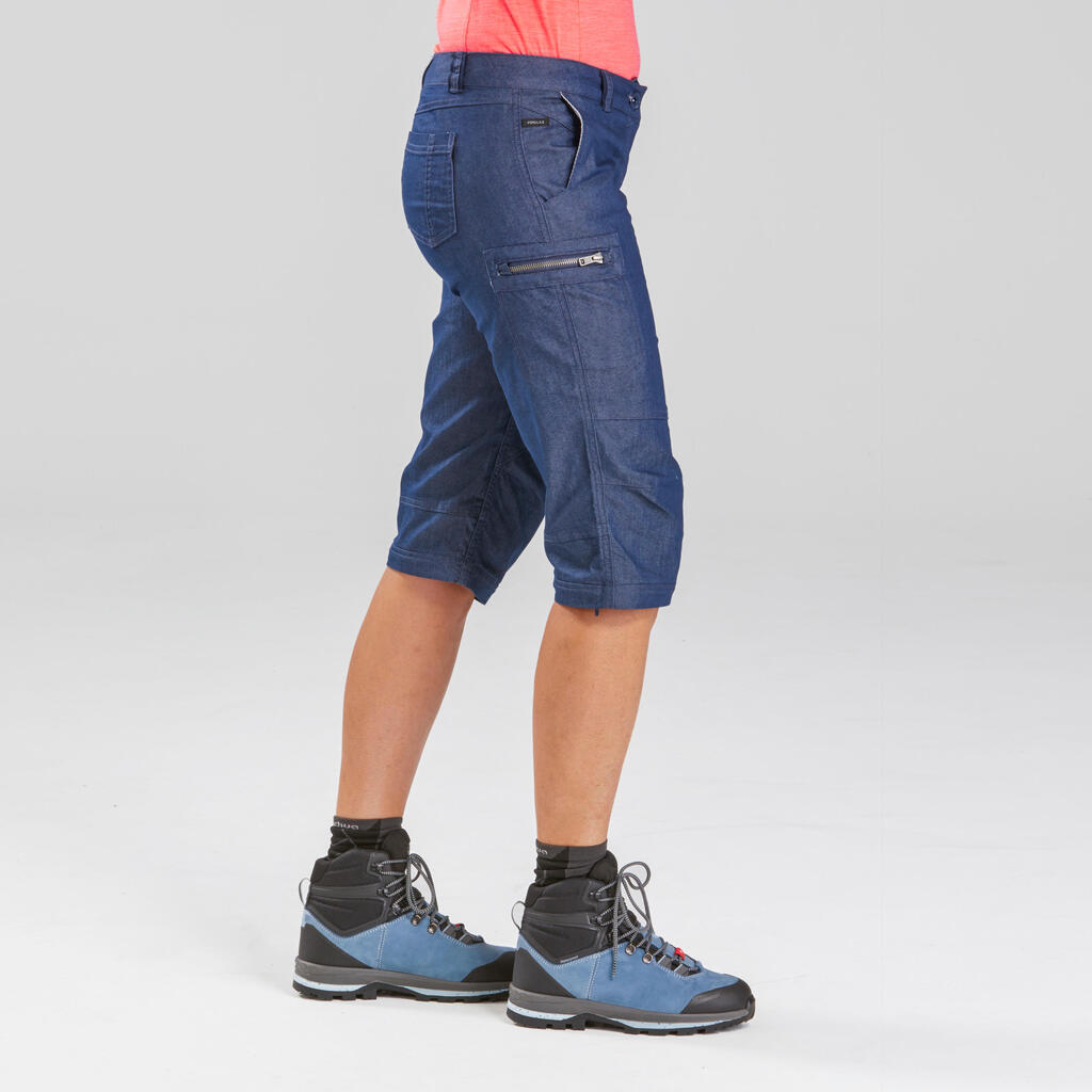 Women's travel trekking zip-Off trousers - TRAVEL 100 - blue denim