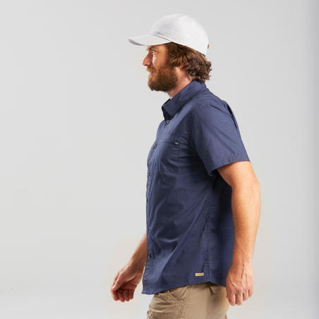 Men's short-sleeved trekking travel shirt - TRAVEL100 - Blue