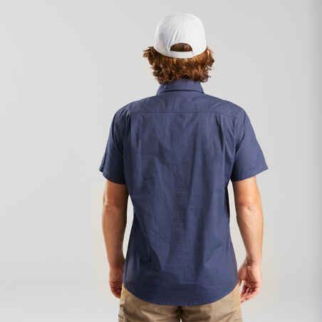Men's short-sleeved trekking travel shirt - TRAVEL100 - Blue