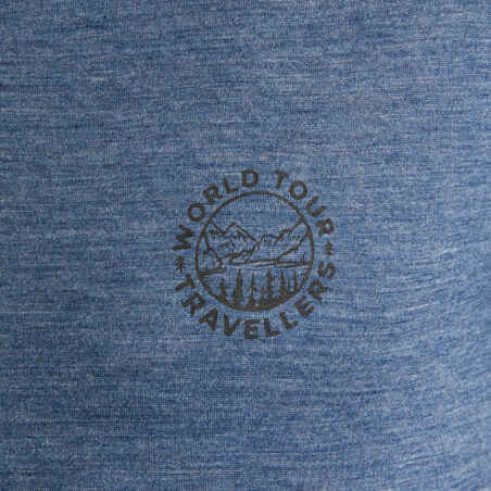 Ανδρικό κοντομάνικο t-shirt πεζοπορίας από μαλλί merino - TRAVEL 500 μπλε