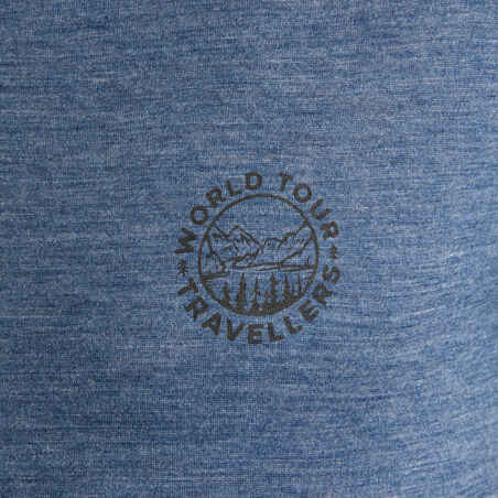 Men’s short-sleeved Merino wool hiking travel t-shirt - TRAVEL 500 blue