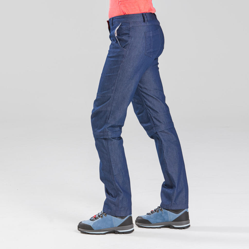 Pantalón transformable trekking viaje TRAVEL 100 mujer azul denim