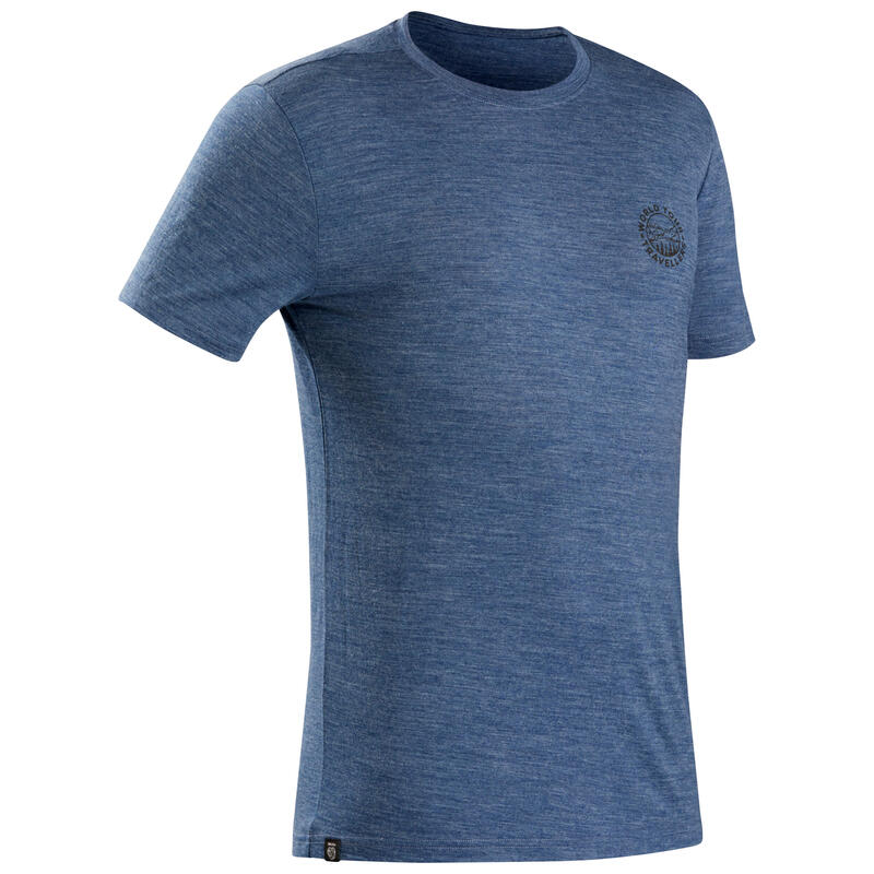 T-shirt lã merino de trekking viagem - TRAVEL 100 Homem Azul