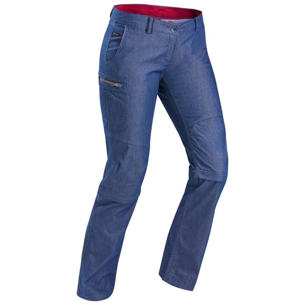 Women's travel trekking zip-Off trousers - TRAVEL 100 - blue denim