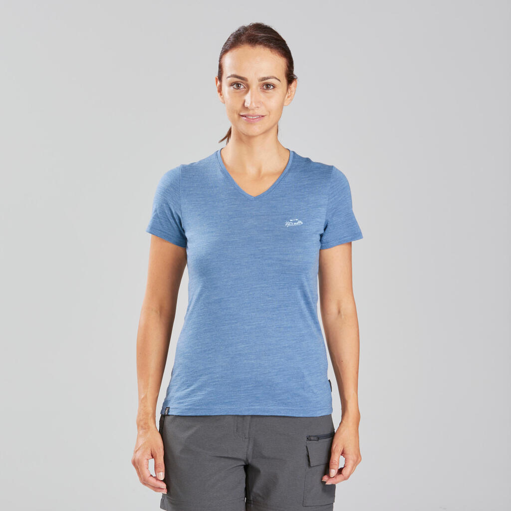 T-shirt de trek voyage - manches courtes - laine mérinos TRAVEL 100 bleu Femme