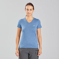 Women's Travel Trekking Merino Wool T-Shirt - TRAVEL 100 - Blue