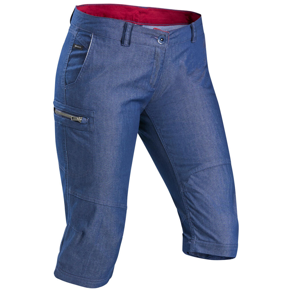 Pantalón transformable trekking viaje TRAVEL 100 mujer azul denim