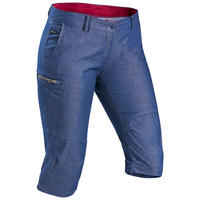 Women's travel trekking zip-Off trousers - TRAVEL 100 - blue denim