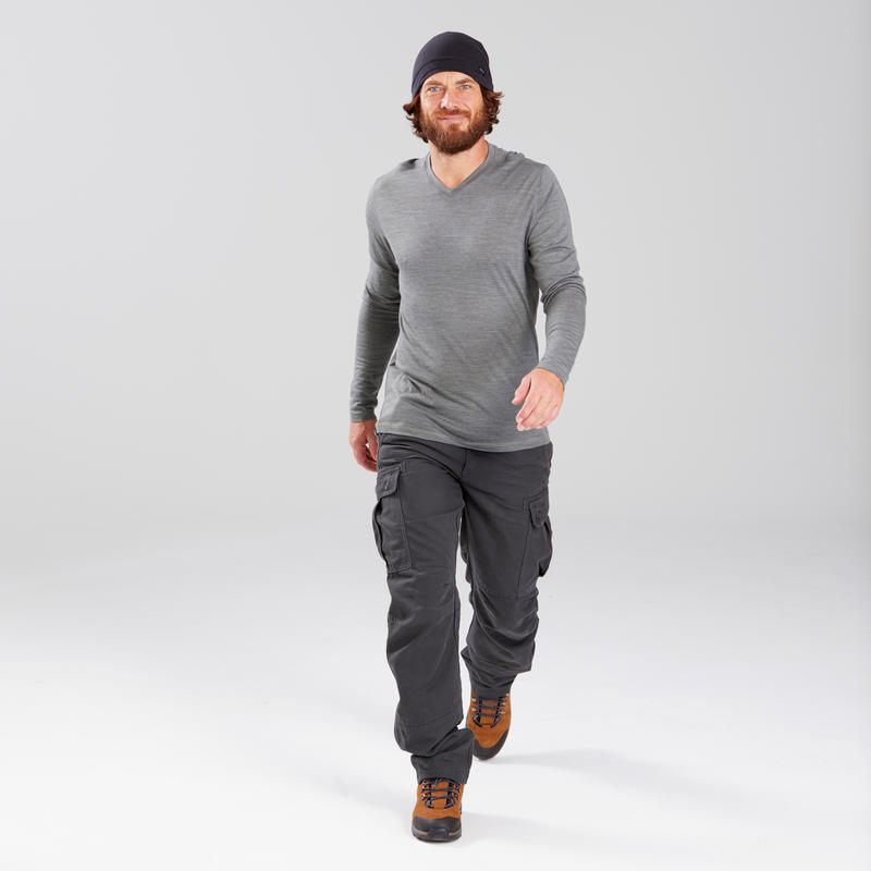 Men's long-sleeved Merino wool trekking t-shirt - TRAVEL 100 - Khaki ...
