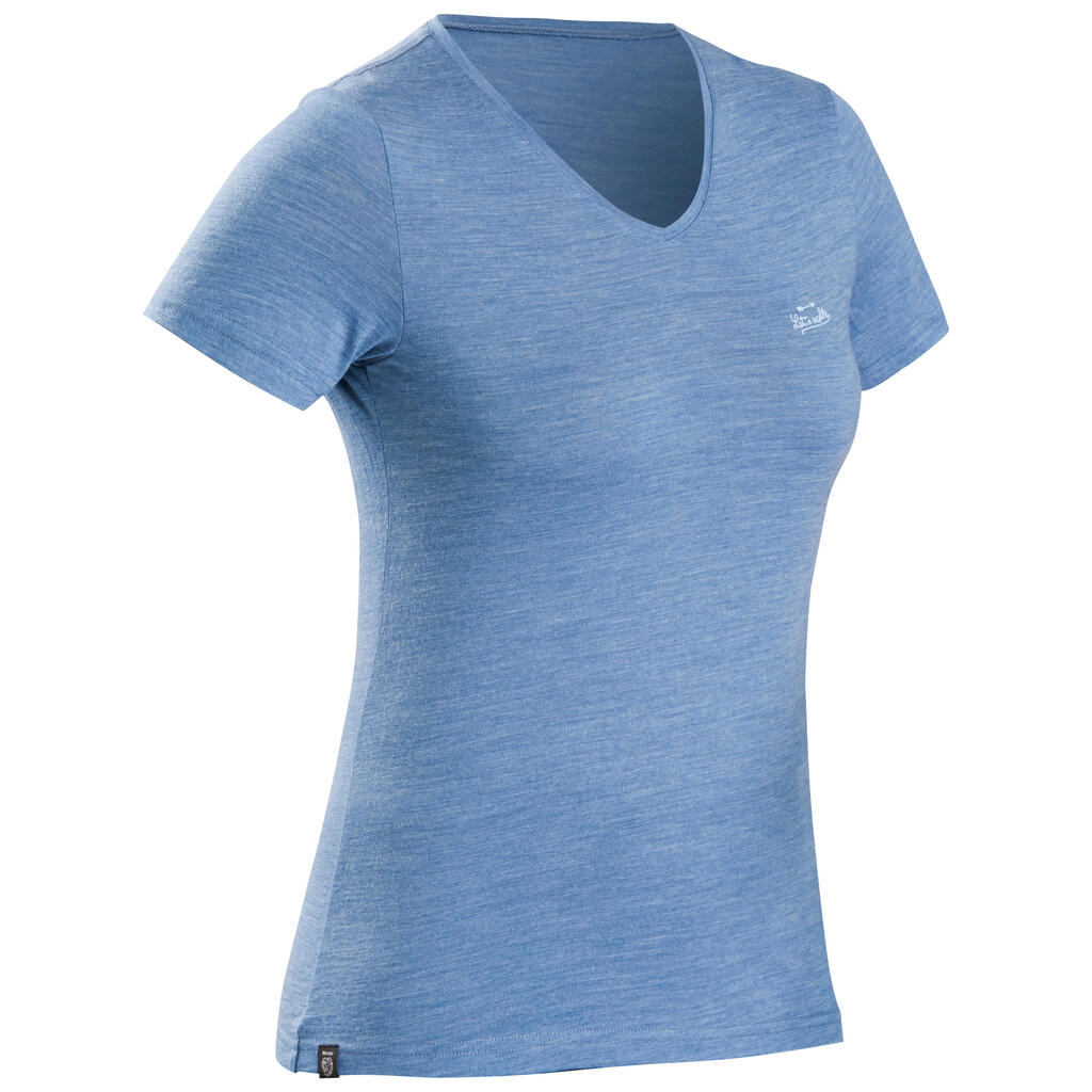 T-shirt de trek voyage - manches courtes - laine mérinos TRAVEL 100 bleu Femme