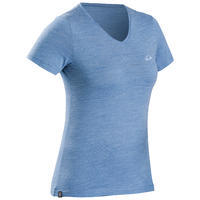 Camiseta de trekking viaje - manga corta - lana merino TRAVEL 100 azul mujer