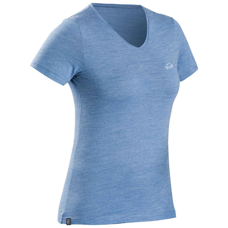 Moteriški trumparankoviai žygių marškinėliai su merino vilna „Travel100“, mėlyni