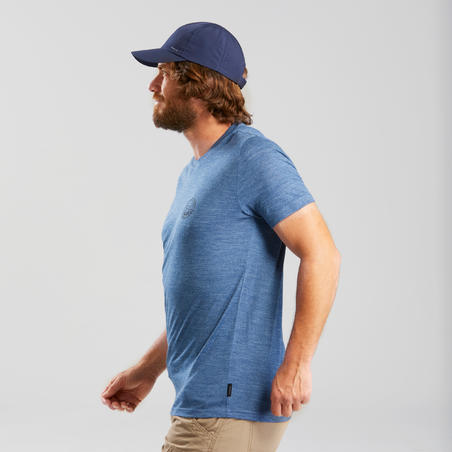 T-shirt laine mérinos de trek voyage - TRAVEL 100 bleu homme