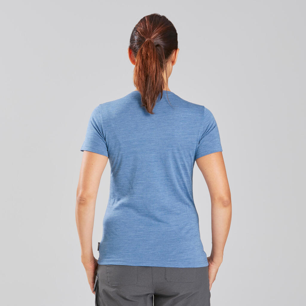 T-shirt de trek voyage - manches courtes - laine mérinos TRAVEL 100 bleu Femme