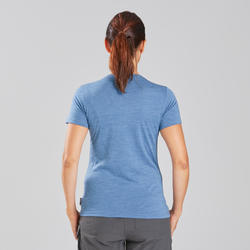 T-shirt de trek voyage - manches courtes - laine mérinos TRAVEL 100 bleu Femme