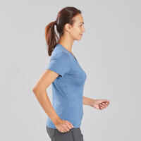 Women's Short-Sleeved Merino Wool Trekking Travel T-Shirt - TRAVEL 100 Blue