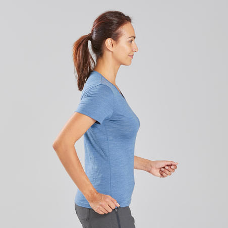 Women's Short-Sleeved Merino Wool Trekking Travel T-Shirt - TRAVEL 100 Blue