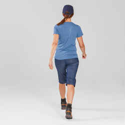 Women's travel trekking zip-Off trousers - TRAVEL 100 - blue denim