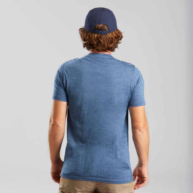 Men's travel trekking Merino wool T-shirt - TRAVEL 100 - blue