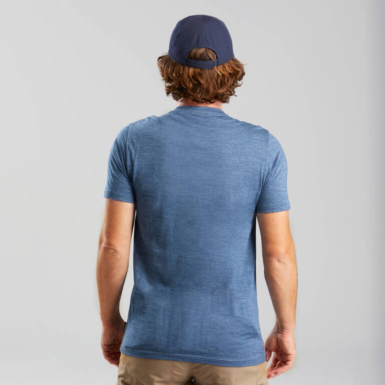 Men’s short-sleeved Merino wool hiking travel t-shirt - TRAVEL 500 blue