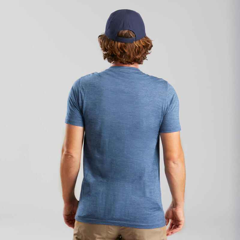 T-shirt de trek voyage manches courtes laine mérinos Homme - TRAVEL 500 bleu