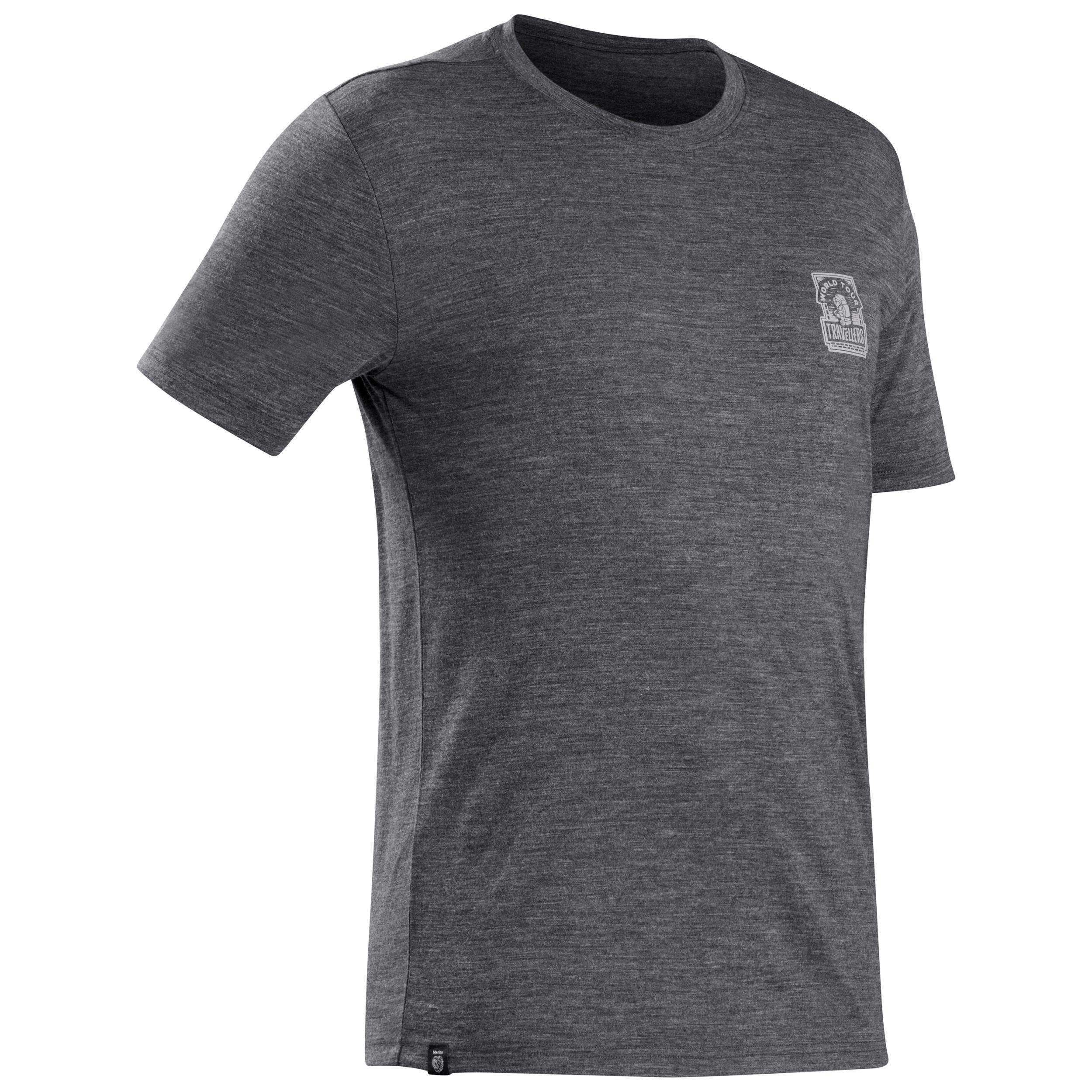 Men's travel trekking Merino wool T-shirt - TRAVEL 100 - grey 1/4