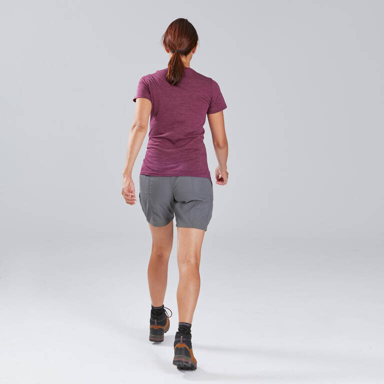 T-Shirt Merino Trekking Perjalanan Wanita - TRAVEL 100 Ungu