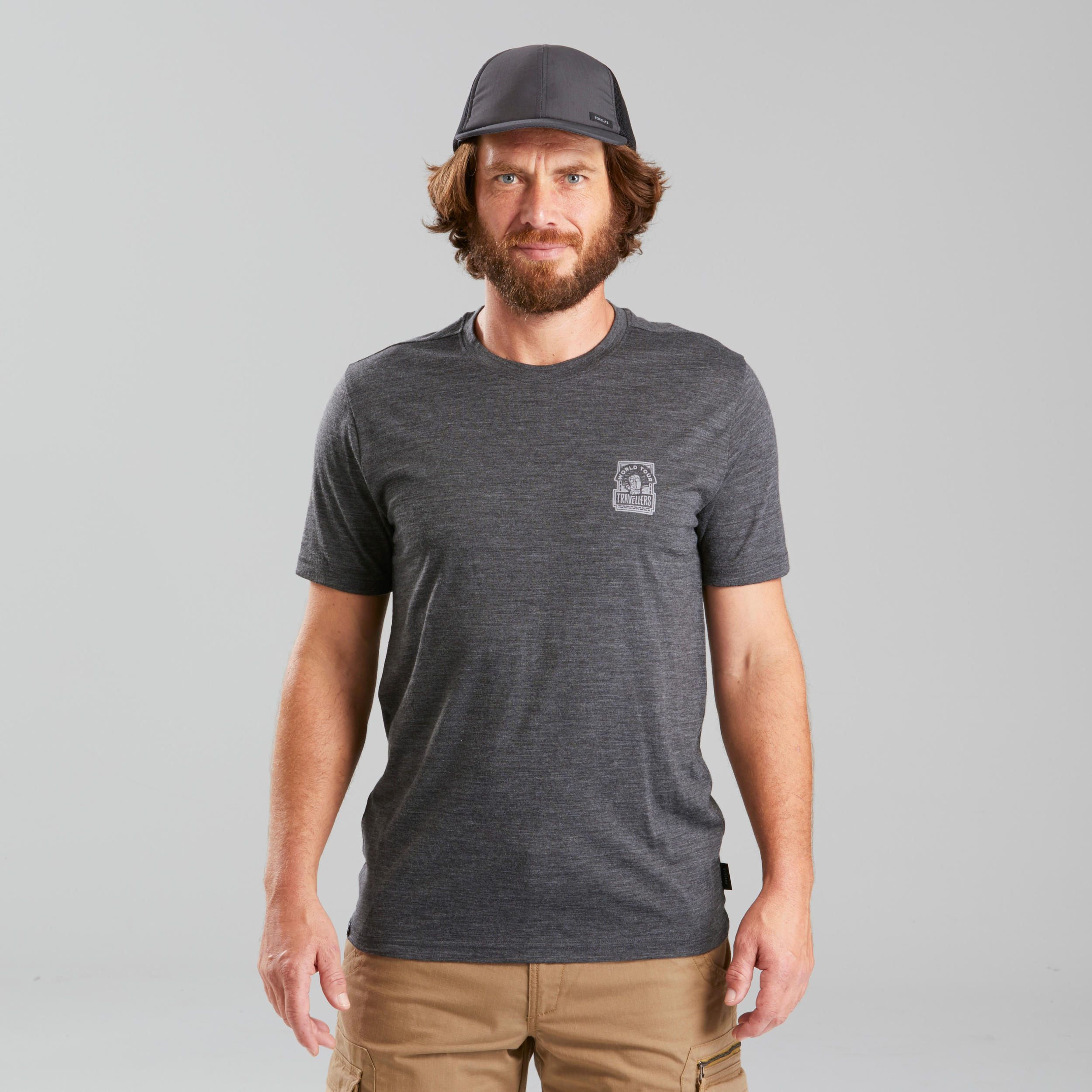 Men's travel trekking Merino wool T-shirt - TRAVEL 100 - grey 2/4