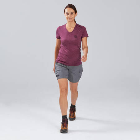 T-Shirt Merino Trekking Perjalanan Wanita - TRAVEL 100 Ungu