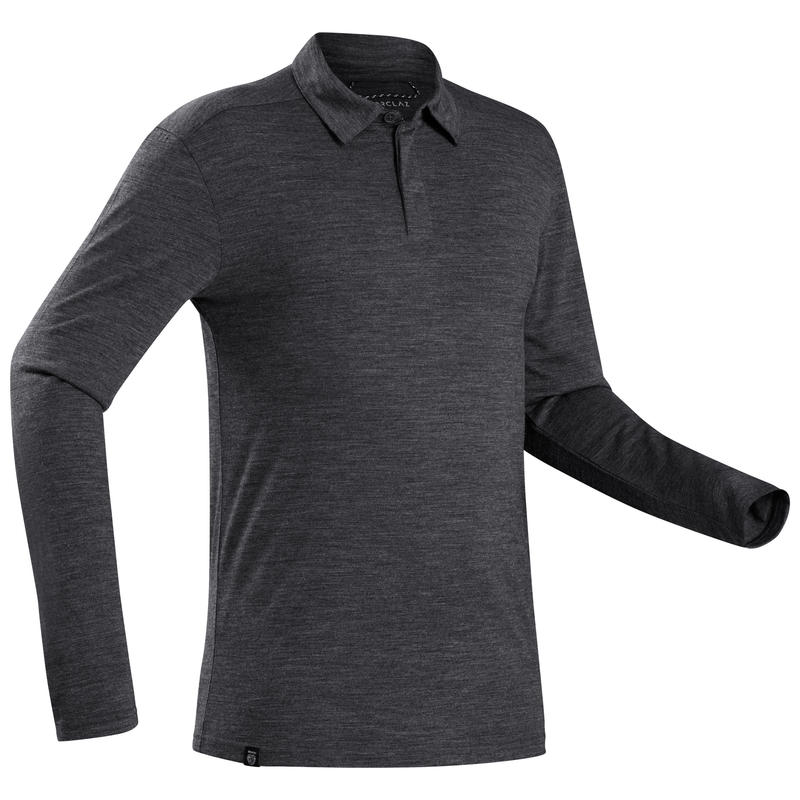 Men S Long Sleeved Travel Trekking Merino Wool Polo Shirt Travel 500 Black Forclaz