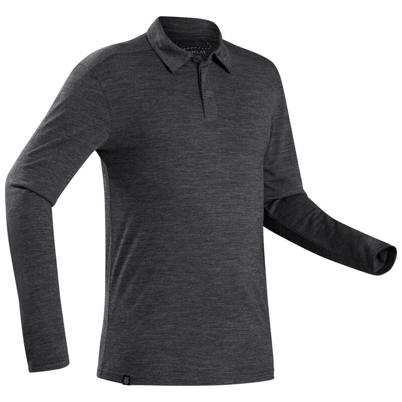 Men’s Long-sleeved Travel Trekking Merino Wool Polo Shirt - TRAVEL 500 Grey