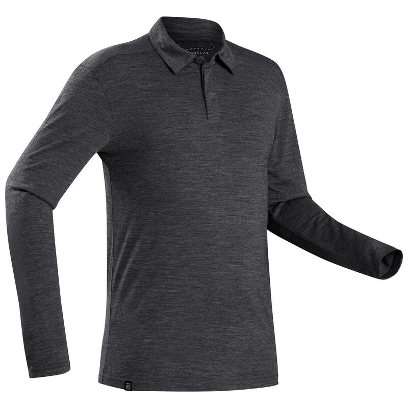 Polo laine mérinos de trek voyage - TRAVEL 500 manches longues gris homme