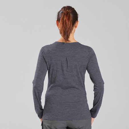 Women's Travel Trekking Merino Wool T-Shirt - TRAVEL 500 Navy