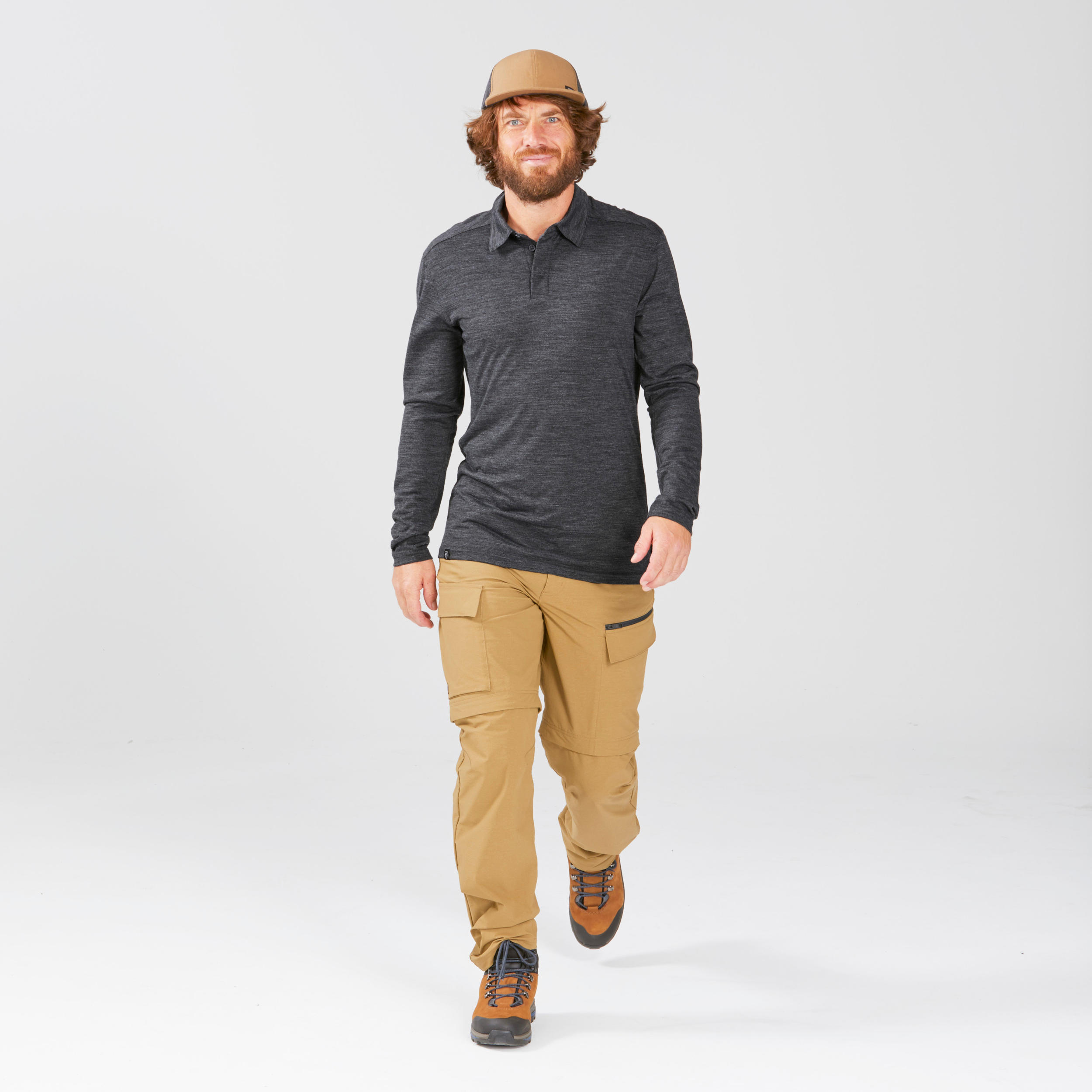 Men’s Long-sleeved Travel Trekking Merino Wool Polo Shirt - TRAVEL 500 Grey 9/10