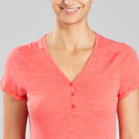 Women's Travel Trekking Merino Wool Short-Sleeved T-Shirt Travel 500 - coral