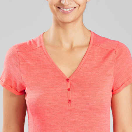 Women's Travel Trekking Merino Wool Short-Sleeved T-Shirt Travel 500 - coral