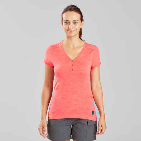 Women's Travel Trekking Merino Wool Short-Sleeved T-Shirt Travel 500 - coral