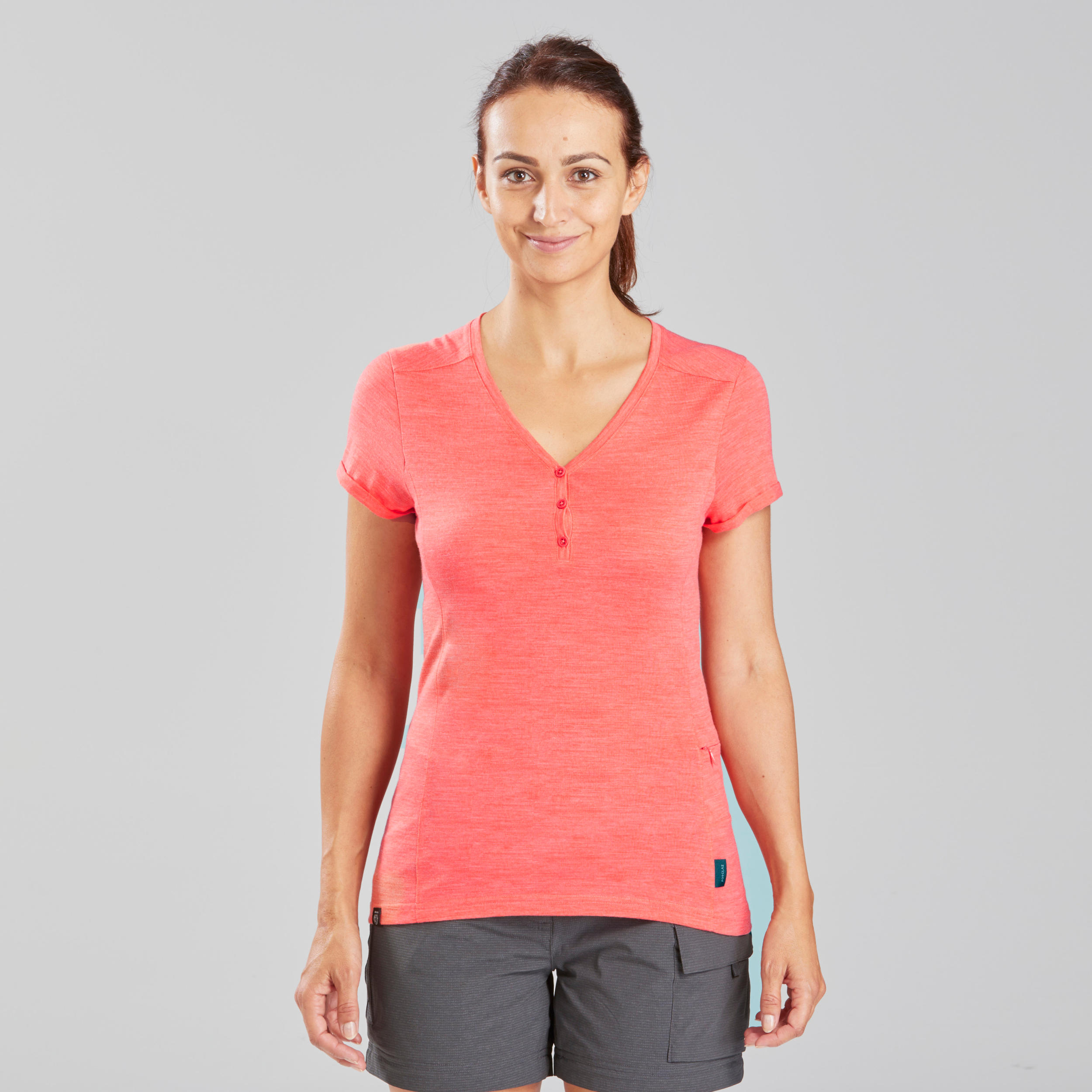 coral and white shirt